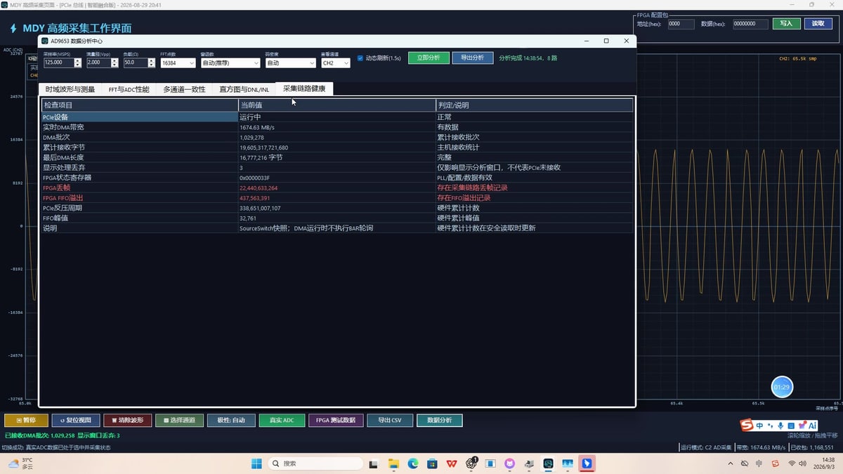 AD9653采集软件显示PCIe DMA带宽与FIFO状态