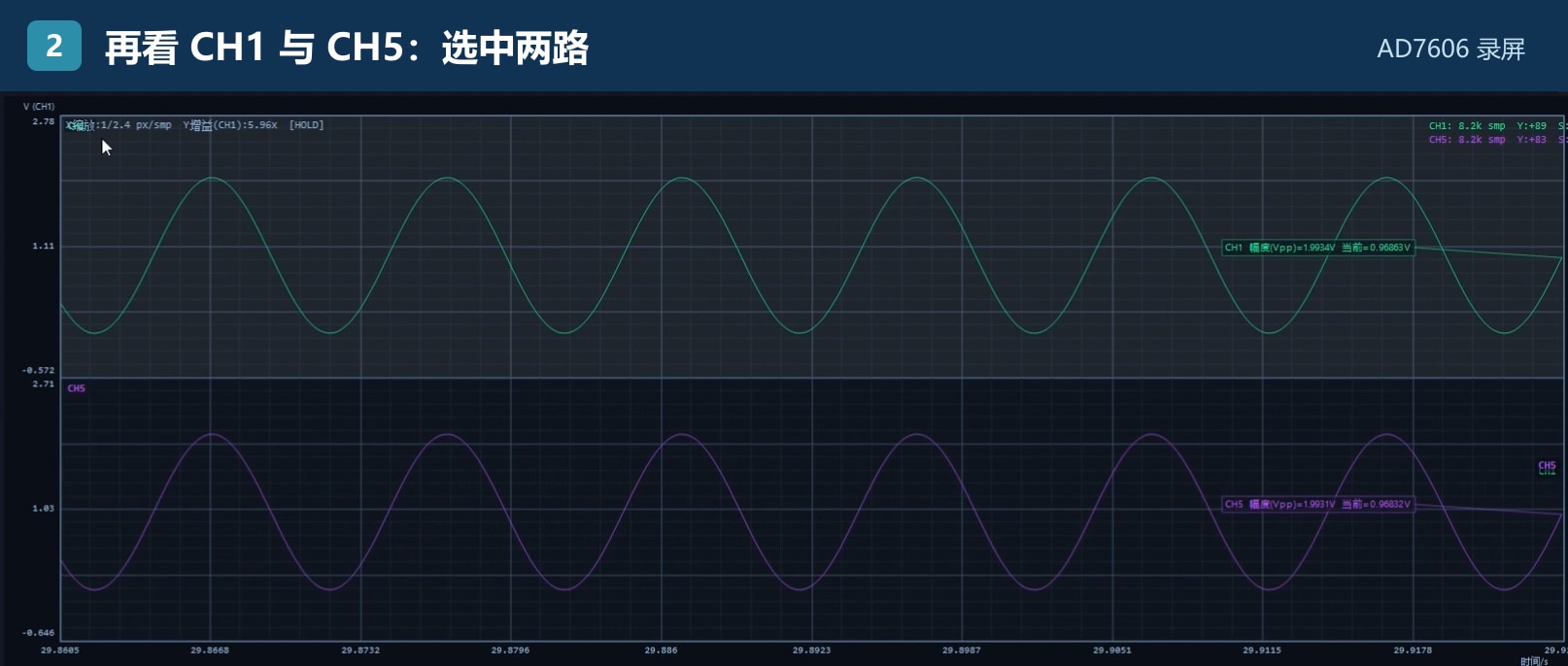 AD7606上位机录屏中选中CH1和CH5的波形画面